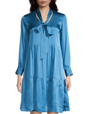 Платье-рубашка из смесового шелка с завязками на шее Rosso35, цвет Ultramarine Blue ROSSO35