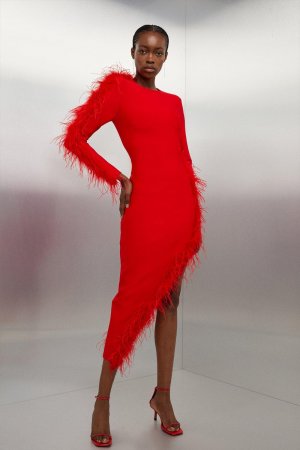 Форма фигуры Повязка Вязаное платье макси с разрезом и перьями , красный Karen Millen