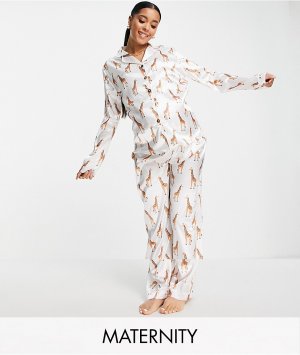 Атласный пижамный комплект из брюк и топа с принтом жирафов Night Maternity-Белый