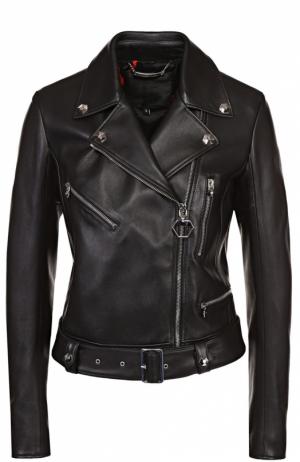 Укороченная кожаная куртка с косой молнией Philipp Plein. Цвет: черный