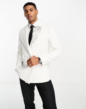 Белый двубортный пиджак приталенного кроя с острыми лацканами и украшением Devils Advocate