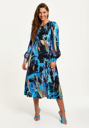 Разноцветное платье-миди с абстрактным принтом, длинными рукавами и завязкой на талии , мультиколор Liquorish