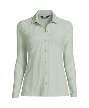 Женская рубашка поло с длинными рукавами и широкими пуговицами в рубчик спереди больших размеров Lands' End, зеленый Lands' End