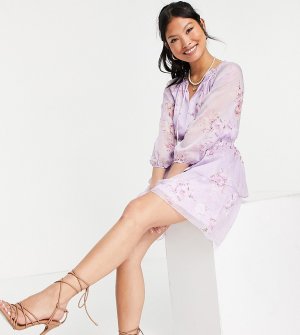 Сиреневое мини-платье с завязкой и цветочным принтом -Фиолетовый цвет Parisian Petite