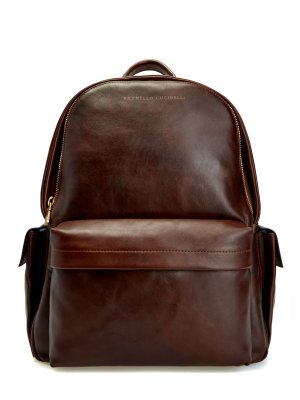 Рюкзак из гладкой телячьей кожи с винтажным эффектом BRUNELLO CUCINELLI. Цвет: коричневый