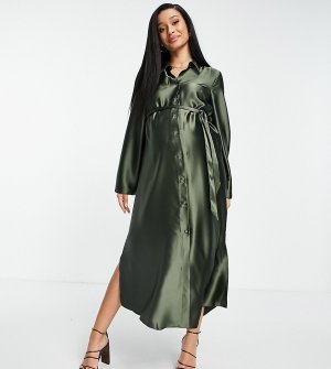 Атласное платье-рубашка миди цвета хаки с широкими рукавами и поясом ASOS DESIGN Maternity-Зеленый цвет Maternity