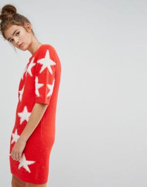 Трикотажное платье мини с пушистой отделкой в виде звезд E.L.K. Цвет: красный