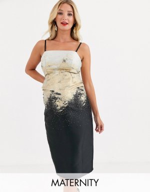 Золотистое жаккардовое платье-футляр с эффектом металлик -Черный цвет Little Mistress Maternity