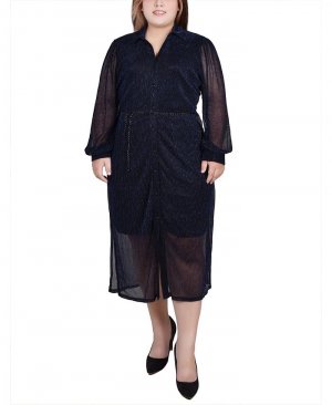 Плиссированное сетчатое платье больших размеров с длинными рукавами и поясом, синий Ny Collection