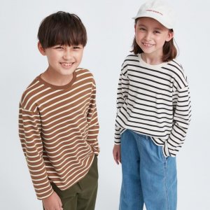 UNIQLO JAPAN KIDS Soft Touch Полосатая футболка с круглым вырезом и длинными рукавами
