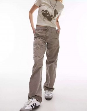 Темно-серо-коричневые брюки прямого кроя с низкой посадкой Topshop Petite. Цвет: коричневый