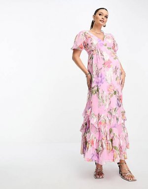 Розовое платье макси с оборками и по подолу ASOS DESIGN Maternity