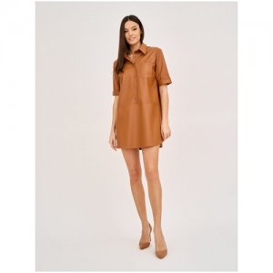 Платье рубашка Olya Stoff женское, кожаное, короткое, из экокожи, офисное, повседневное, нарядное Stoforandova. Цвет: коричневый