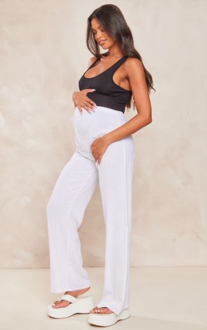 Белые льняные широкие брюки для беременных PrettyLittleThing
