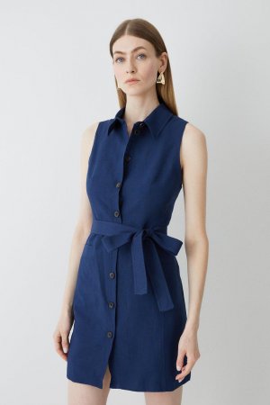 Льняное мини-платье-рубашка с пуговицами в морском стиле , темно-синий Karen Millen