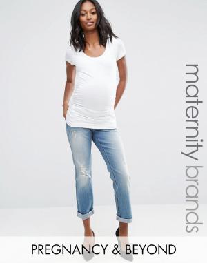 Рваные джинсы бойфренда со съемным поясом над животом Maternity Bandia. Цвет: синий