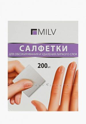 Влажные салфетки Milv для обезжиривания и удаления липкого слоя с ногтей. 200 шт. Цвет: белый