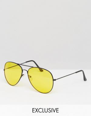 Солнцезащитные очки-авиаторы с желтыми линзами Reclaimed Vintage. Цвет: черный