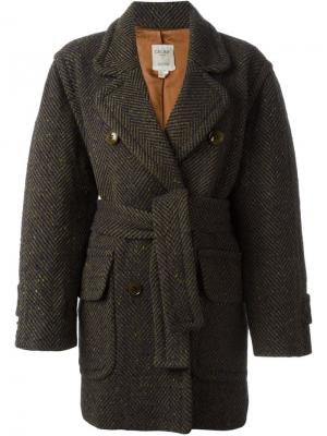 Твидовое пальто с поясом Céline Vintage. Цвет: зелёный
