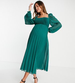 Платье миди темно-зеленого цвета с расклешенной юбкой, плиссировкой и квадратным вырезом ASOS DESIGN Maternity-Зеленый цвет Maternity