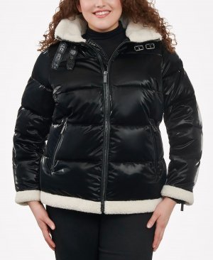 Женское блестящее пуховое пальто больших размеров из искусственной овчины , черный Michael Kors