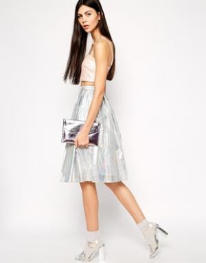 Плиссированная юбка миди переливающегося цвета металлик Lashes of Lond London. Цвет: серебряный
