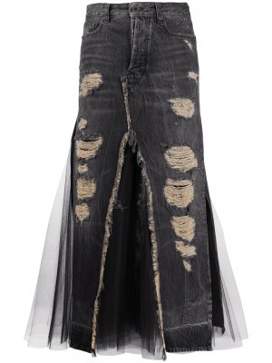Джинсовая юбка с прорезями и вставкой из тюля UNRAVEL PROJECT. Цвет: черный