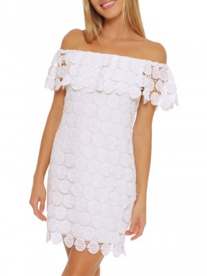 Пляжное платье Bardot, связанное крючком , белый Trina Turk