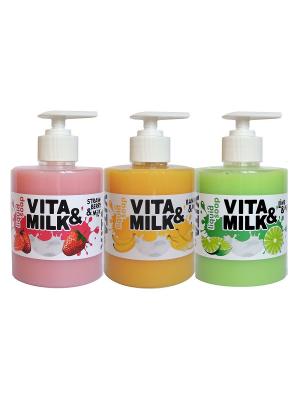 Жидкое мыло в наборе, ароматы: Банан, Клубника, Лайм VITA-MILK. Цвет: салатовый, желтый, розовый