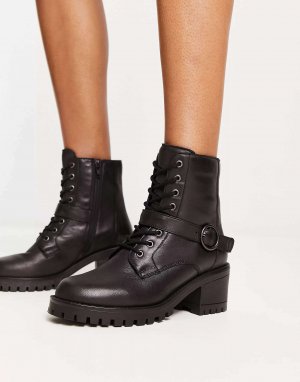 Черные кожаные ботинки на каблуке со шнуровкой London Rebel