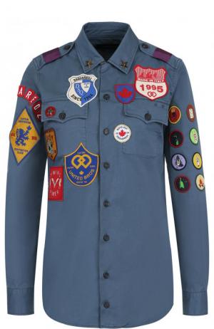 Хлопковая блуза с погонами и контрастными нашивками Dsquared2. Цвет: голубой