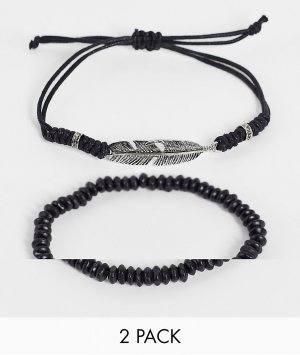 Набор из 2 черных браслетов (браслет-шнурок и браслет с бусинами) декоративной вставкой -Черный цвет ASOS DESIGN