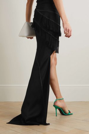 Асимметричная юбка макси из крепдешина с оборками и шифоновой отделкой, черный Victoria Beckham