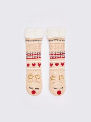 Тёплые носки с экомехом и новогодним дизайном zolla. Цвет: бежевый