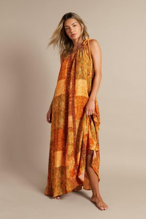 Объемное пляжное платье макси с узором пейсли и завязками в стиле пэчворк , оранжевый Warehouse