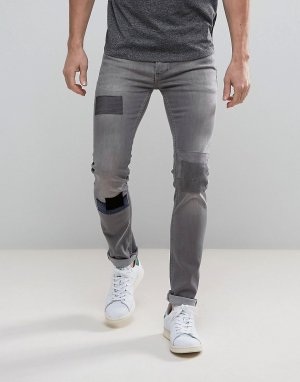 Зауженные стретчевые джинсы с заплатками -Серый Religion