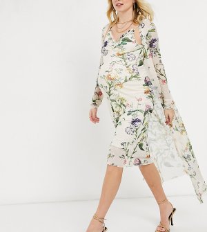 Комплект в стиле 90-х из платья-комбинациии и легкой накидки-кардигана бледно-шалфейного цвета с цветочным принтом -Зеленый Hope & Ivy Maternity