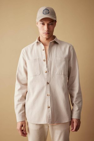 Рубашка стандартного кроя из 100% хлопка с длинными рукавами , бежевый DeFacto