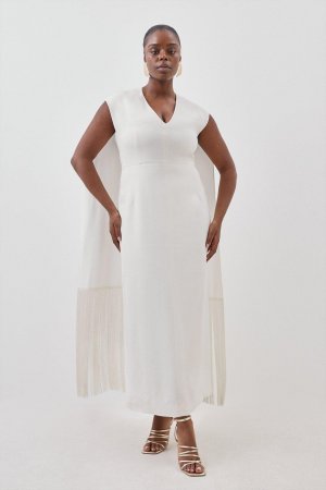 Тканое платье макси с накидкой и бахромой больших размеров , белый Karen Millen