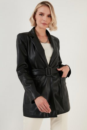 Кожаная куртка с карманами и поясом, женская стандартного кроя 6056920 Lela