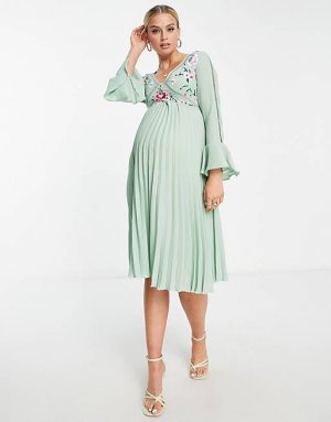 Плиссированное платье миди с вышивкой DESIGN Maternity Asos