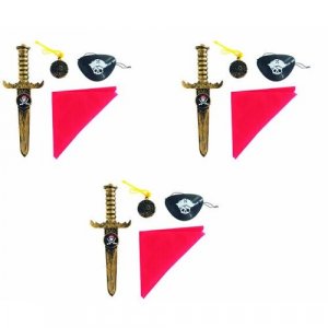 Набор пирата, 4 предмета: кинжал бронзовый, бандана, наглазник, медальон (3 набора в комплекте) Happy Pirate. Цвет: золотистый
