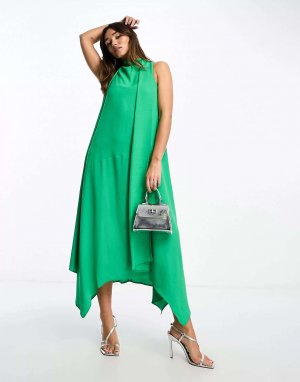 Зеленое современное платье миди без рукавов с воротником-хомутом и шарфом ASOS