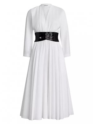 Хлопковое платье-миди с длинными рукавами и поясом , белый Alaïa