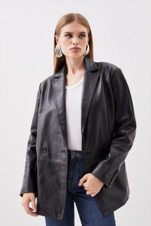 Кожаный двубортный пиджак, черный Karen Millen