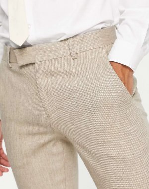 Суперузкие шерстяные костюмные брюки бежевого твида ASOS. Цвет: бежевый