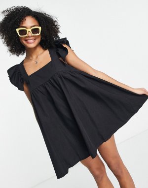 Мягкое джинсовое платье черного выбеленного цвета в стиле бэби-долл с оборками на рукавах -Черный ASOS DESIGN