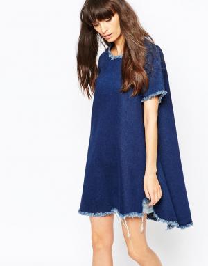 Джинсовое платье-рубашка с необработанными краями Waven. Цвет: синий