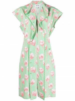 Tulip-print gingham midi dress Kenzo. Цвет: зеленый