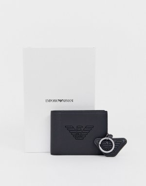 Черный бумажник и брелок для ключей с тисненым логотипом в подарочном наборе Emporio Armani